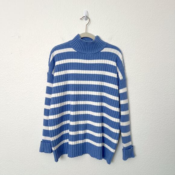 [LOFT] Blue White Striped Ribbed Knit Pullover Turtleneck Sweater Size Small S - Picture 2 of 12
